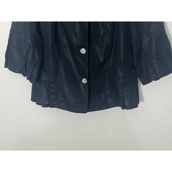 Randy Kemper Button Down Shiny Black Linen Blend Blouse Size 12 - Picture 3 of 15